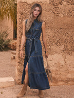 Lace Up Denim Buttons Temperament Maxi Dresses