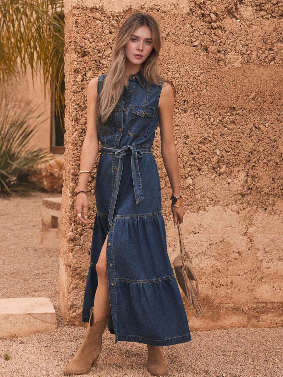 Lace Up Denim Buttons Temperament Maxi Dresses