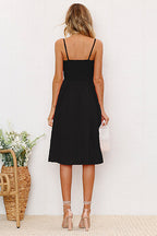 Linen Spaghetti Strap Tie Front Cut Out Button Front A-Line Midi Dress