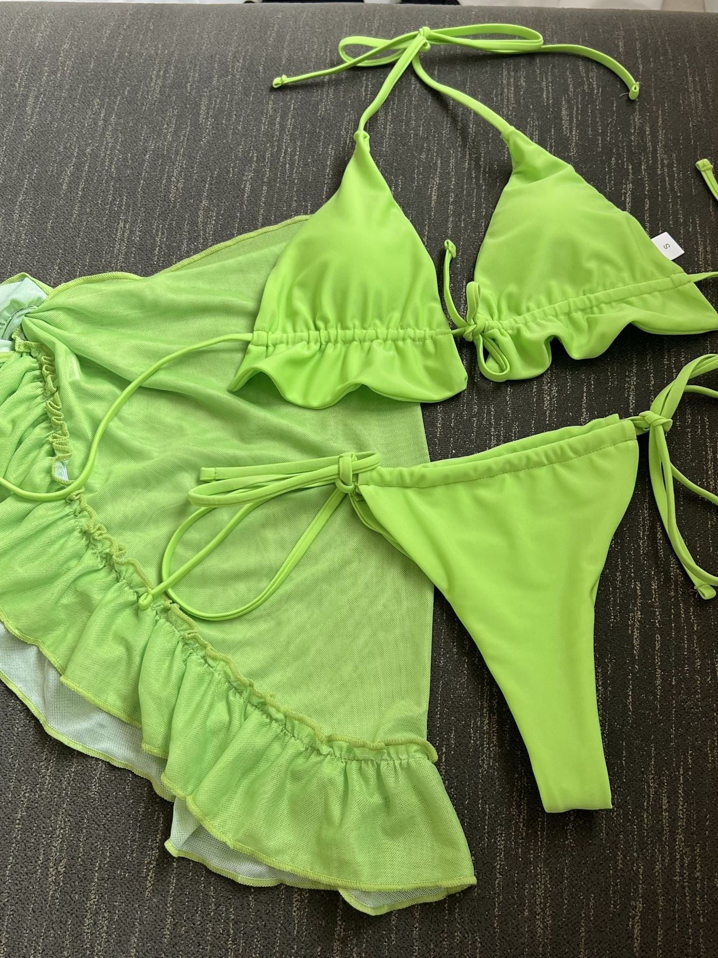 Mesh Skirt With Ruffled Trim, Solid Color Bikini Three-piece Set