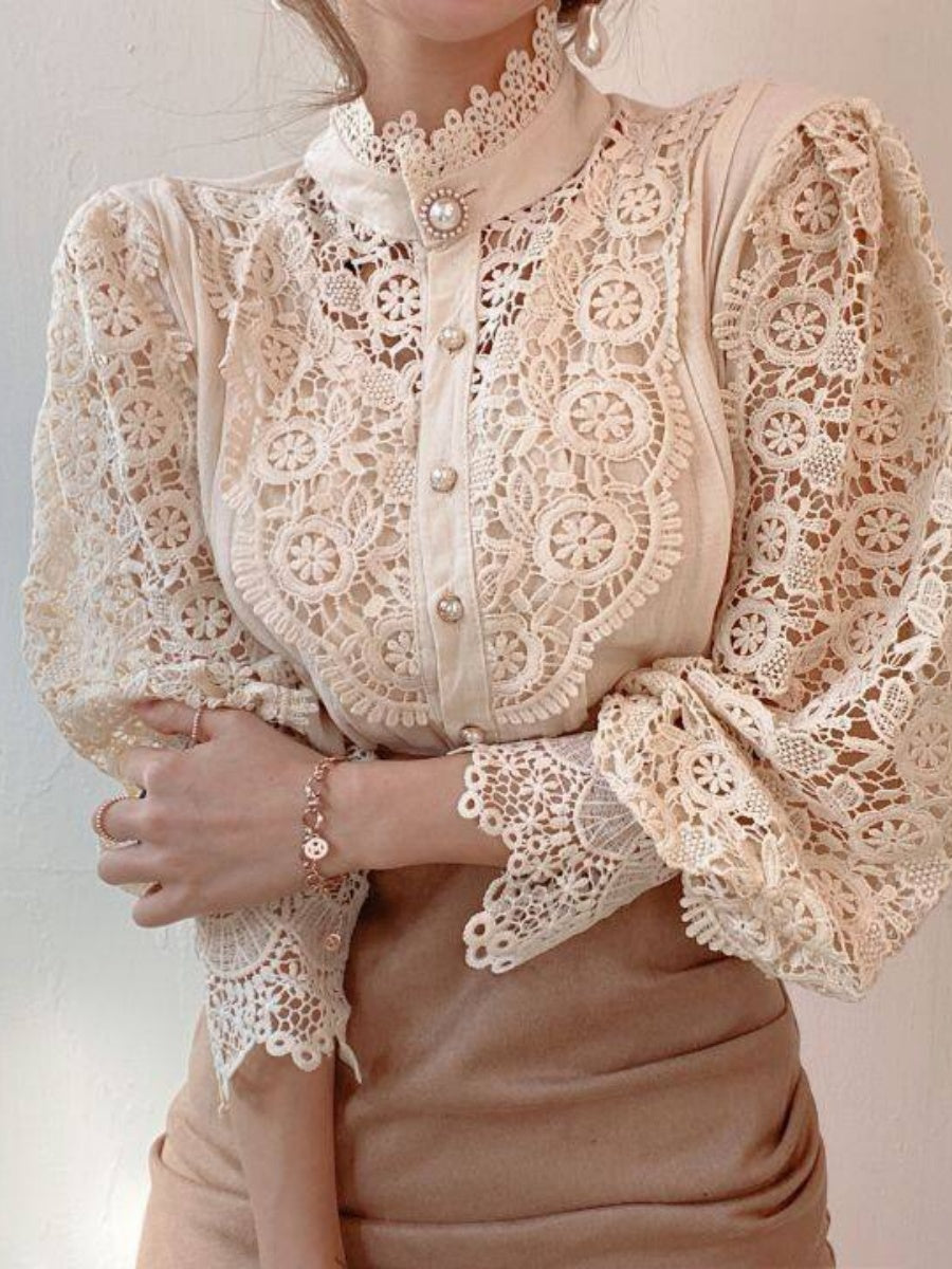 Button-up Lace Openwork Floral Patchwork Shirt