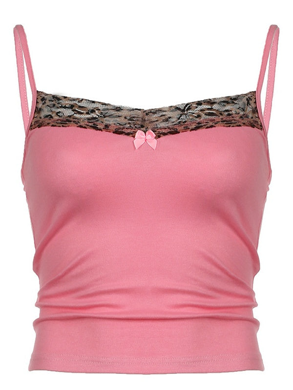 Pink Leopard Print Patchwork Lace Camisole