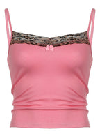 Pink Leopard Print Patchwork Lace Camisole