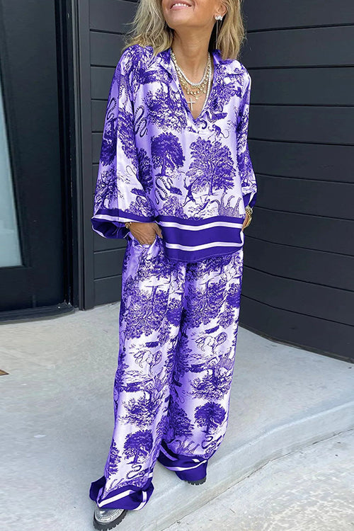 Lapel V Neck Long Sleeves Shirt Wide Leg Pants Printed Casual Set