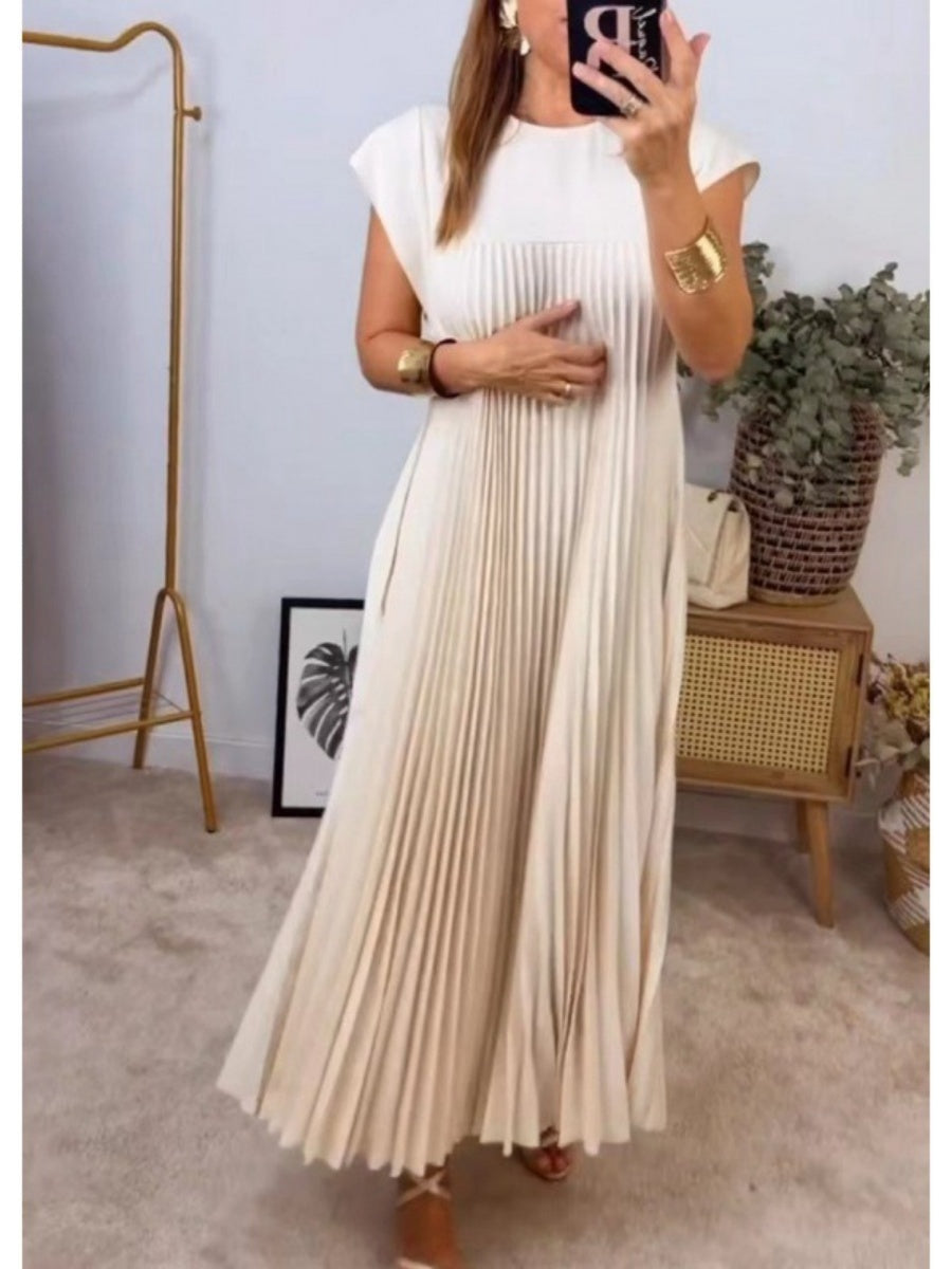 Solid Color Round Neck Sleeveless Pleated Long Dress