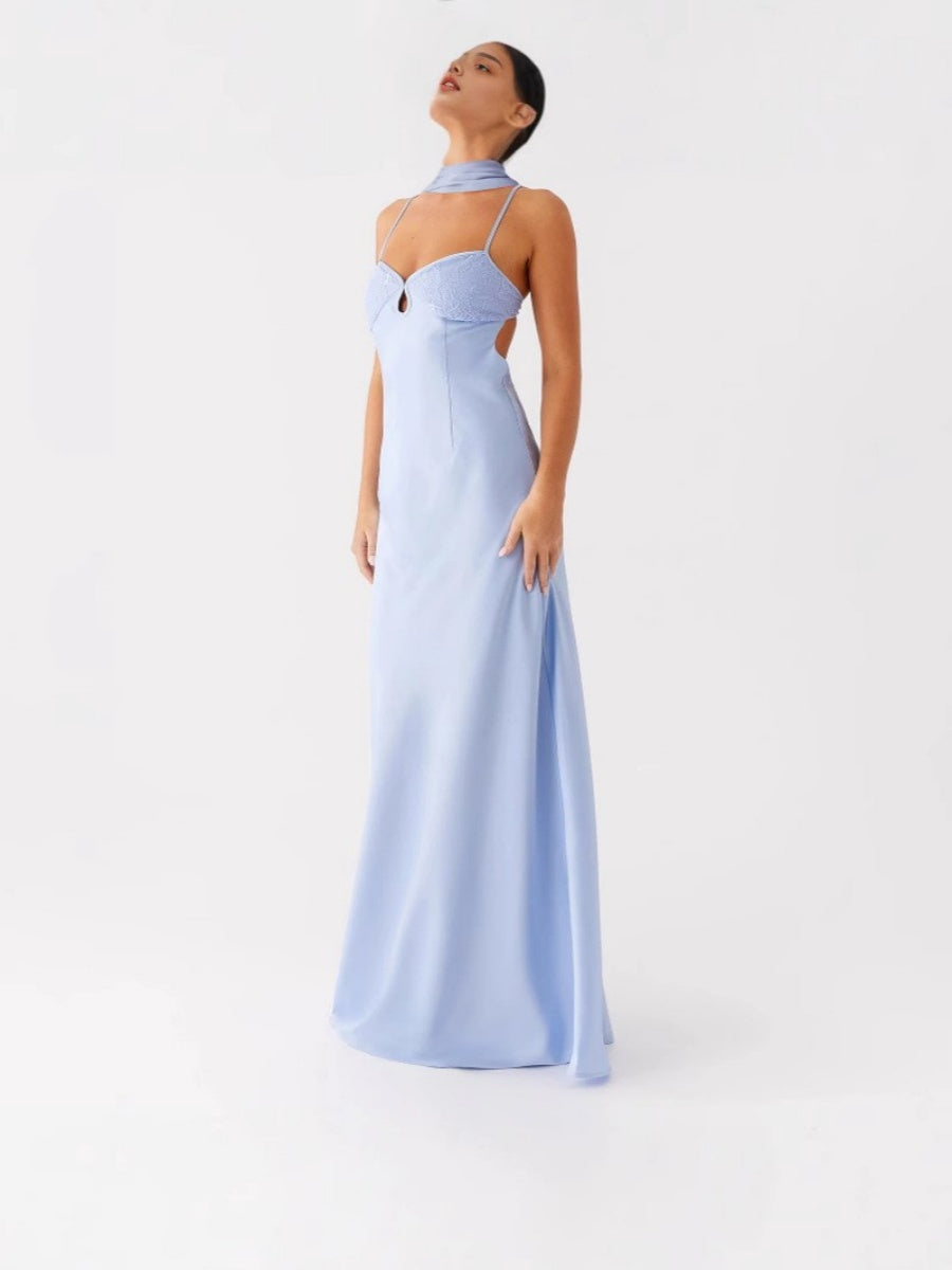 V-neck, Tie-up, Backless Satin Maxi Dress With A Resort Style
