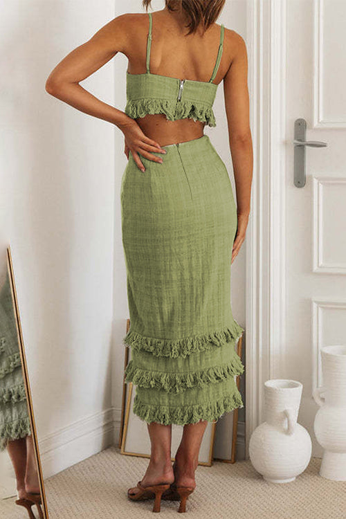 V Neck Cut Out Waist Slit Tassel Midi Cami Dress