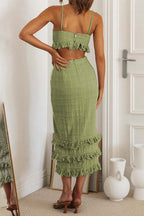 V Neck Cut Out Waist Slit Tassel Midi Cami Dress