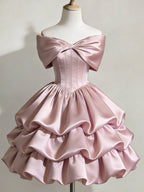 Satin Off-shoulder Bow Design Multi-layered Short Dress