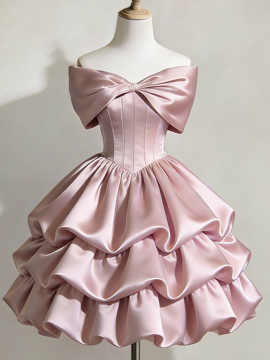 Satin Off-shoulder Bow Design Multi-layered Short Dress