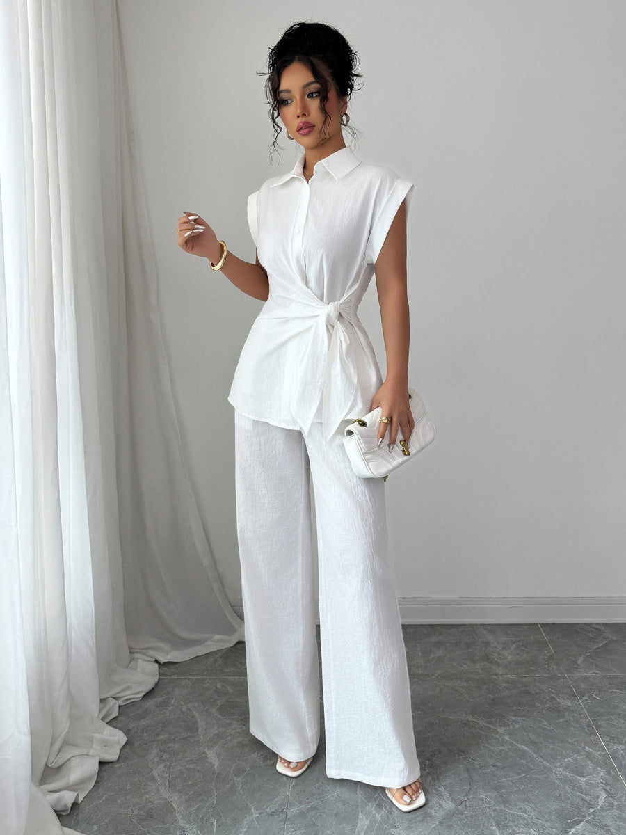 Lapel Sleeveless Kink Shirts Wide-leg Pants Business Suit 2-piece Sets