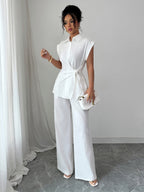 Lapel Sleeveless Kink Shirts Wide-leg Pants Business Suit 2-piece Sets