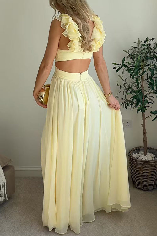V Neck Sleeveless Cut Out Waist Ruffle Maxi Dress