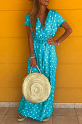 V Neck Short Sleeve Tie Waist Polka Dot Maxi Holiday Dress