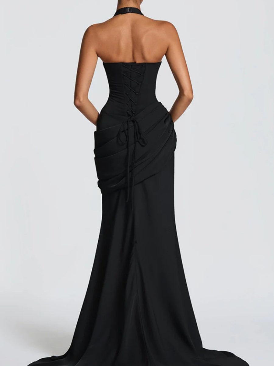 Deep V Halter Backless Mopping Maxi Dresses