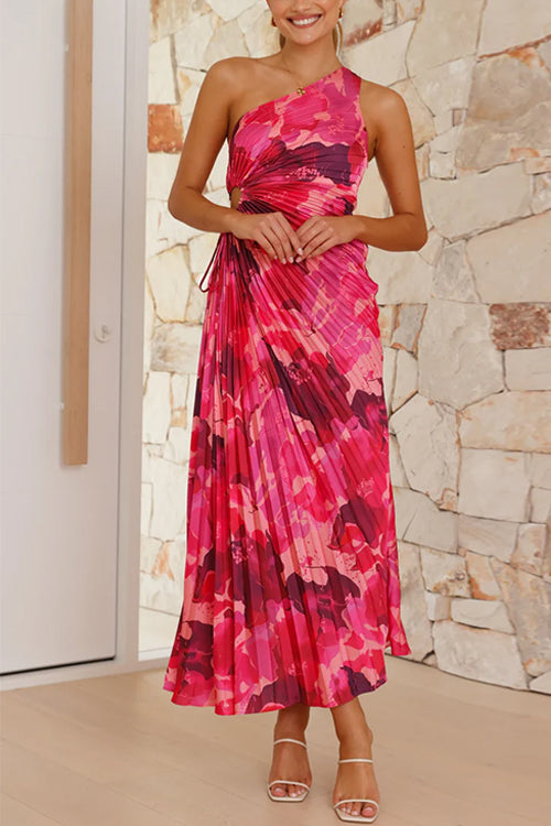 One Shoulder Asymmetrical Pleated Floral Maxi Dress
