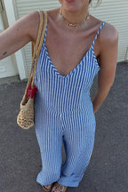 V Neck Backless Wide Leg Striped Cami Jumpsuit