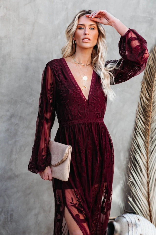 Lace Floral Embroidery Deep V-Neck Bishop Sleeve High Split Sheer Maxi Dress