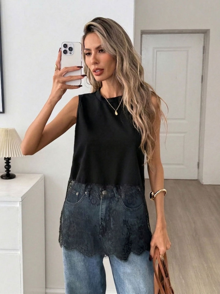 Black Sleeveless Lace Splicing Tank Tops