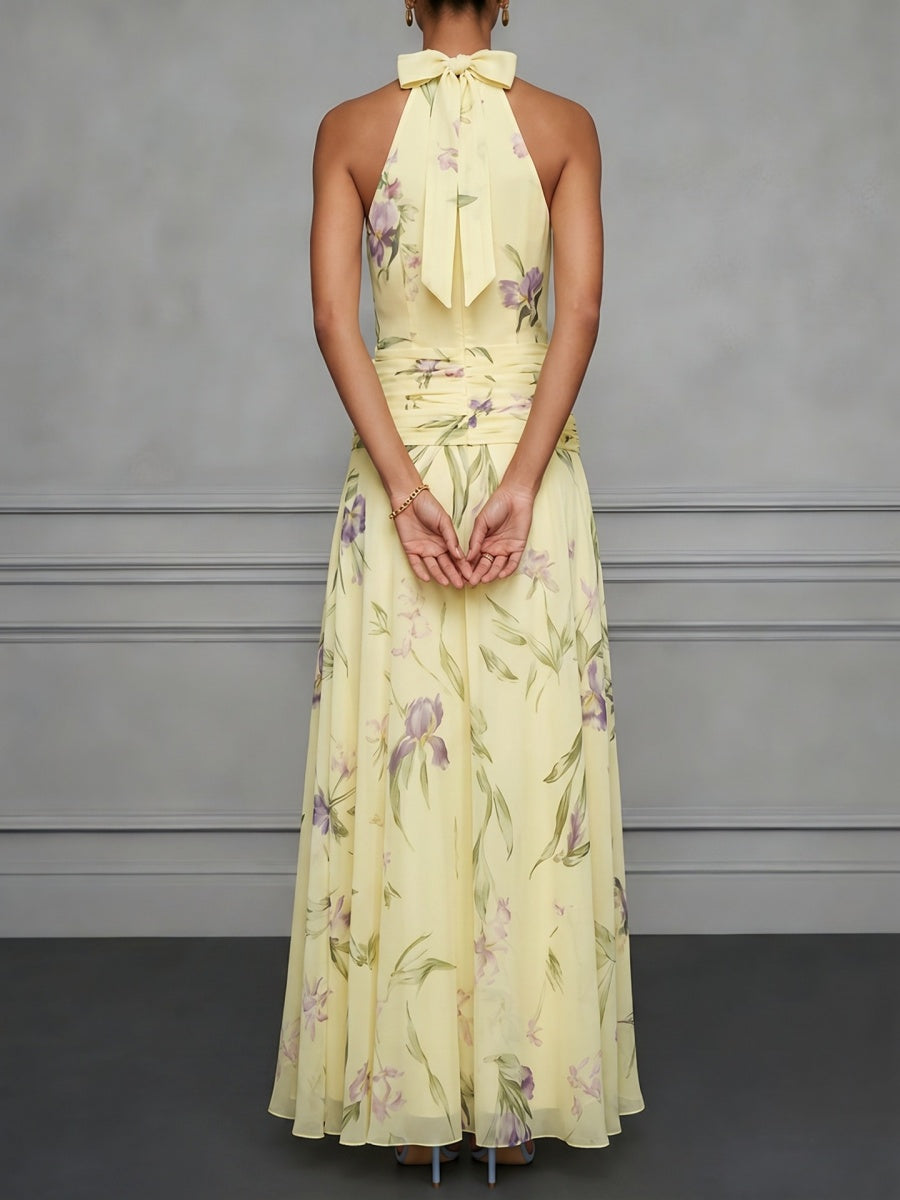 Halter Printed Temperament Waist Parties Maxi Dresses
