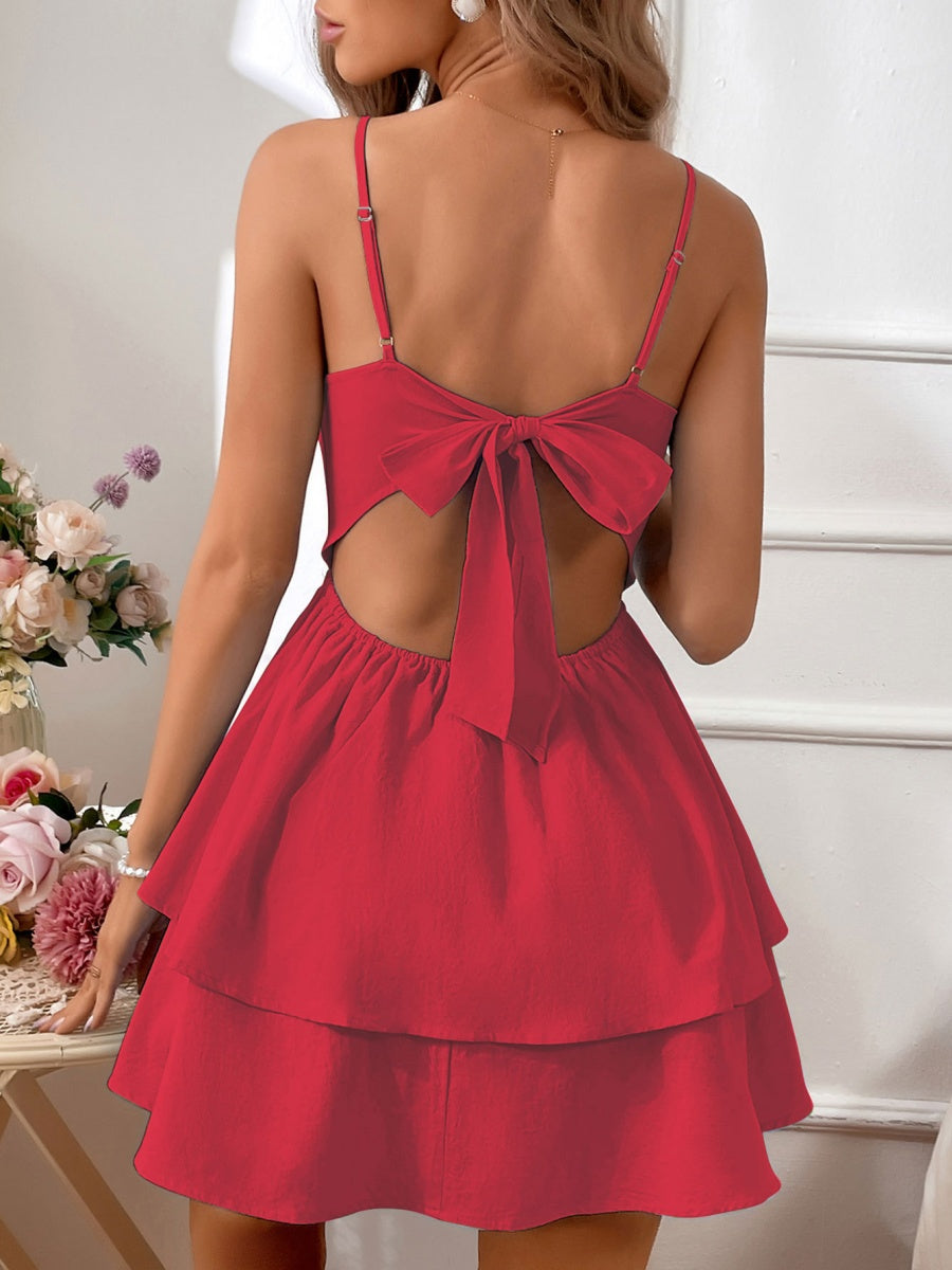Pure Cotton Backless Bow Tie Mini&Short Dresses