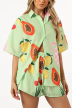 Resort Print Short Sleeves Blouse Shirt Elastic Waist Shorts Set