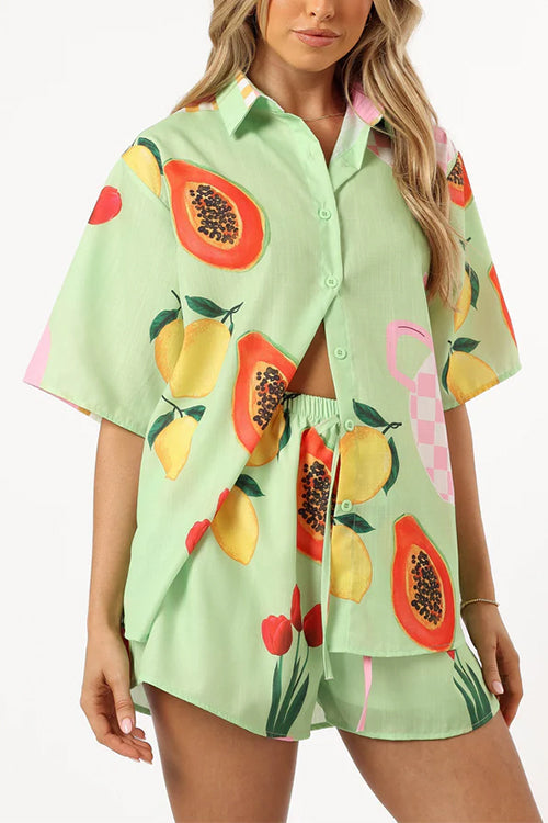 Resort Print Short Sleeves Blouse Shirt Elastic Waist Shorts Set