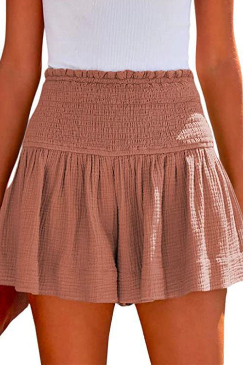 Elastic Smocked Waist Wide Leg Solid Shorts