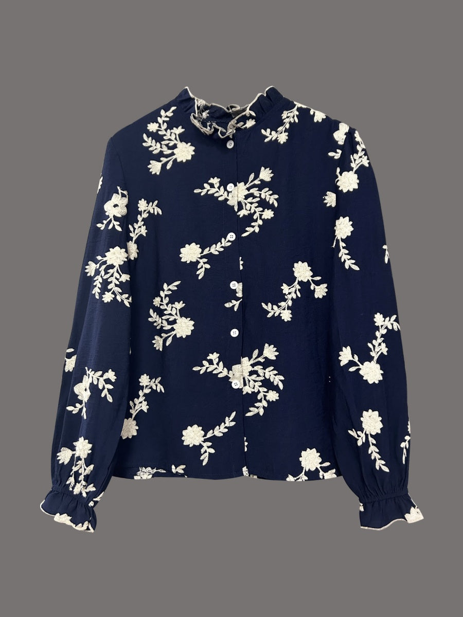 Floral Embroidery Color-blocked V-neck Lantern Sleeve Shirt