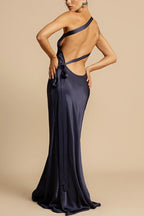 Zippered Single Shoulder Satin Maxi Dresses