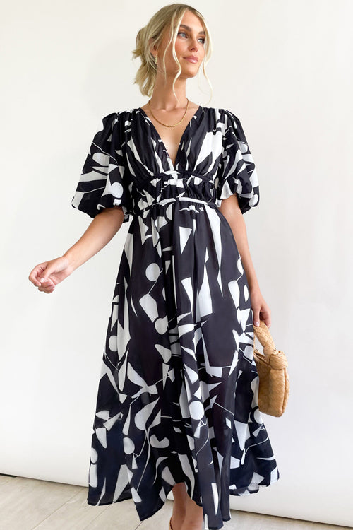 Abstract Geometric Print Deep V-Neck Puff Sleeve Cinched Waist Maxi Dress