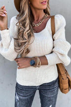 Square Collar Puff Sleeve Ribbed Knit Sweater