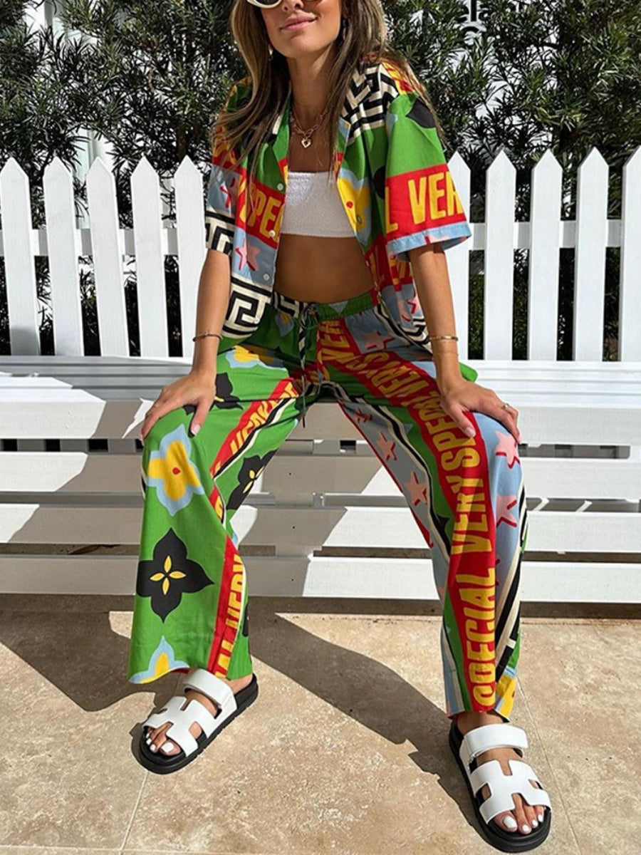 Printed Vacation Long-sleeved Shirt Pants Wide Leg Set 2-piece Sets