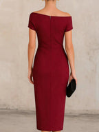 Off-the-shoulder, Fitted Waist, Pleated, Slit Midi Dress