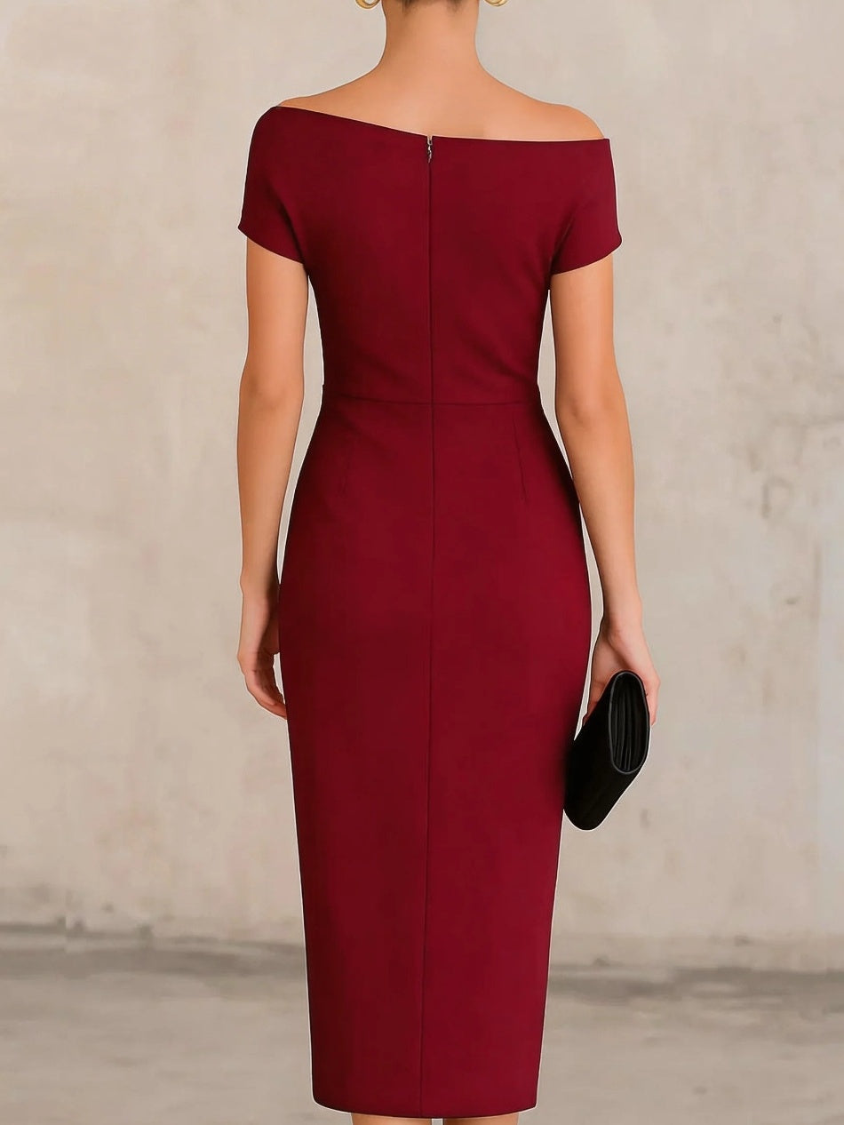 Off-the-shoulder, Fitted Waist, Pleated, Slit Midi Dress