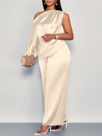 Satin Sloping Shoulders Short Sleeve Jacket Wide-leg Pants Set 2-piece Sets