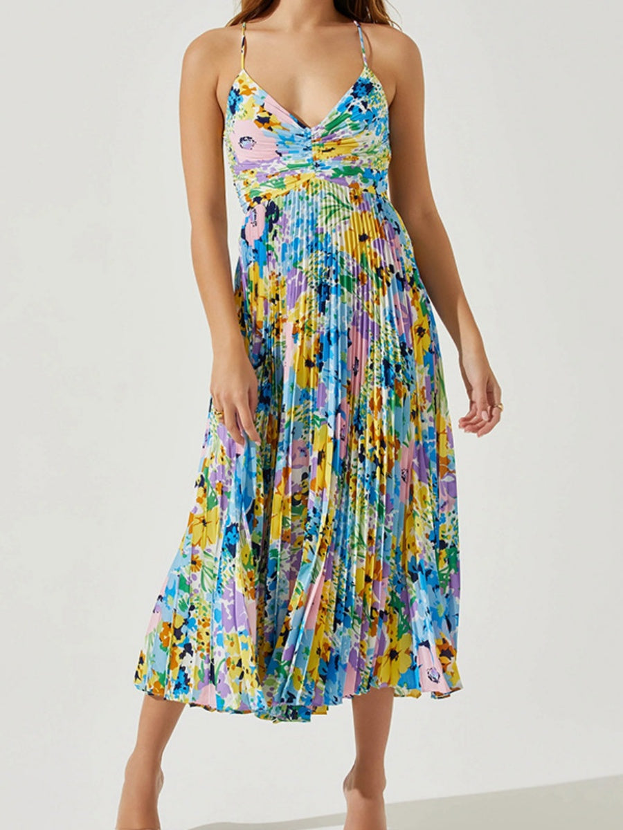 V-neck Camisoles Backless Graffiti Maxi Dresses