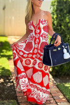 Spaghetti Strap Lace Up Shell Print Maxi Vacation Dress
