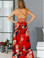 High-slit V-neck Floral Print Suspender Maxi Dress