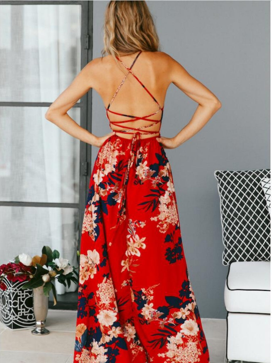 High-slit V-neck Floral Print Suspender Maxi Dress