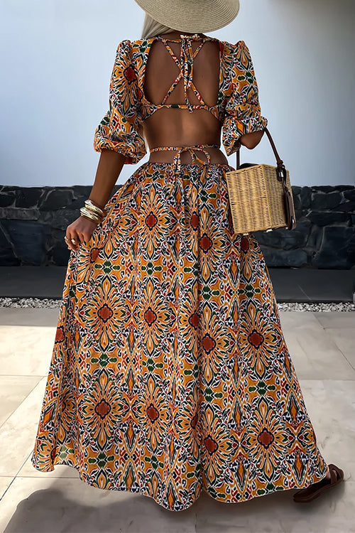 Puff Sleeves Backless Lace-up Printed Maxi Vacation Dress