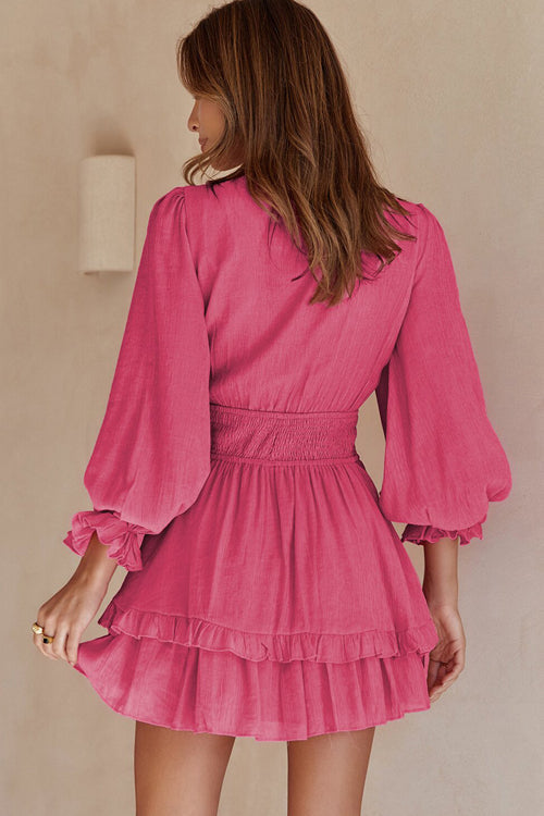 Tie Front Puff Sleeve Smocked Waist Tiered Ruffle Mini Set