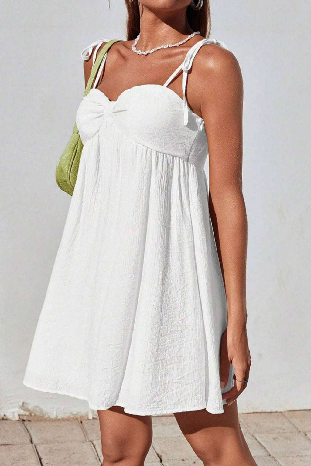 Tie Shoulder Sweetheart Gathered Bust Knot Detail Empire Waist Babydoll Mini Dress