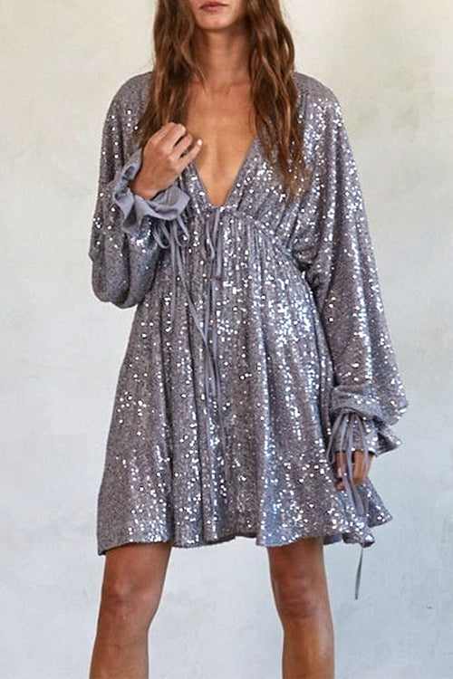 V Neck Balloon Sleeves Backless Drawstring Sequin Dress(in 4 Colors)