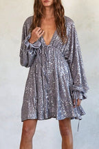 V Neck Balloon Sleeves Backless Drawstring Sequin Dress(in 4 Colors)