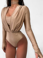 V-neck Slim Fit Pleated Decoration Base Layer Splicing Long-sleeved Bodysuit