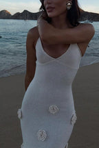 Open Back Flowers Applique Knitting Maxi Vacation Dress