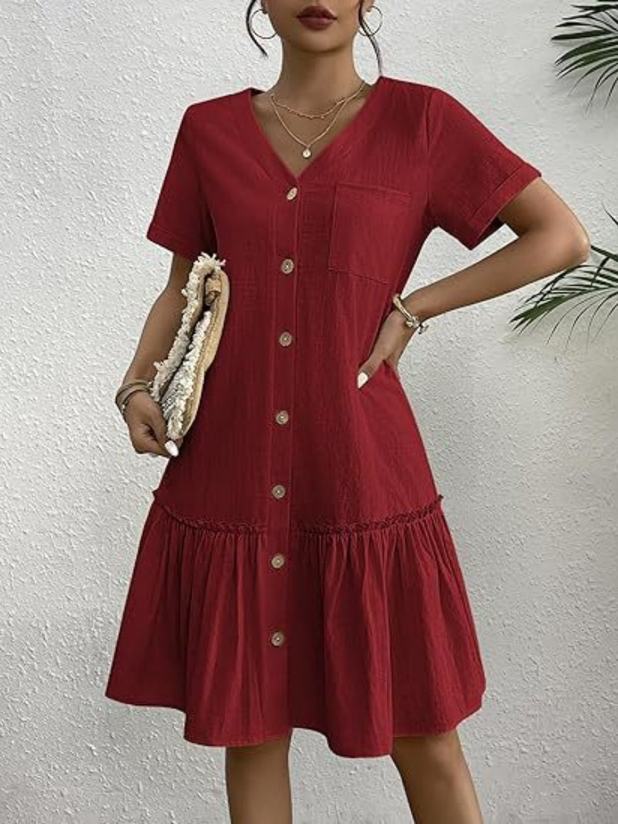 Single Row V-neck Loose-fit Short Sleeve Mini&Short Dresses
