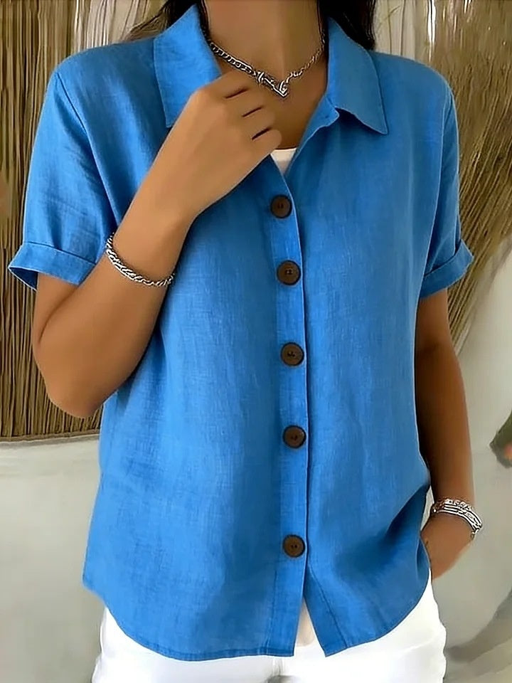 Button-up Cotton Linen Solid Color Short-sleeved T-shirt