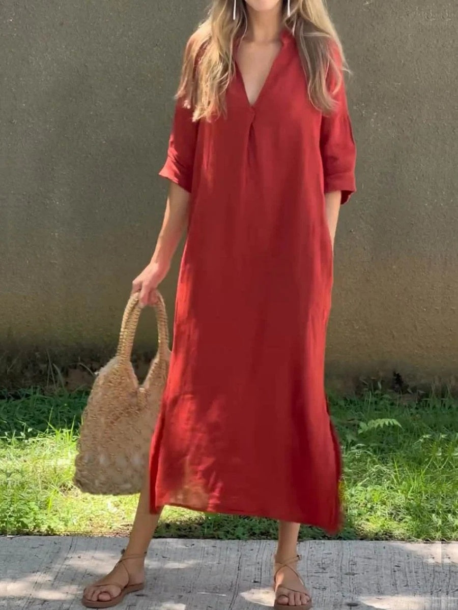 V-neck, Three-quarter Sleeve, Long Dress With Side Slit Pockets And Pleated Chest